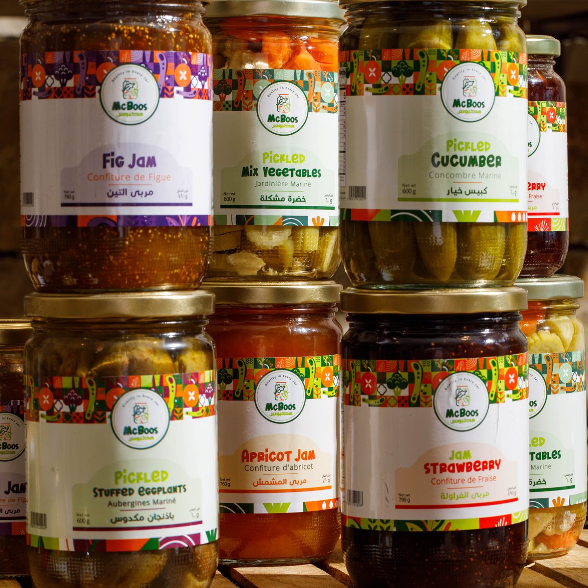 McBoos jars - jams, pickled cucumber and mixed vegetables