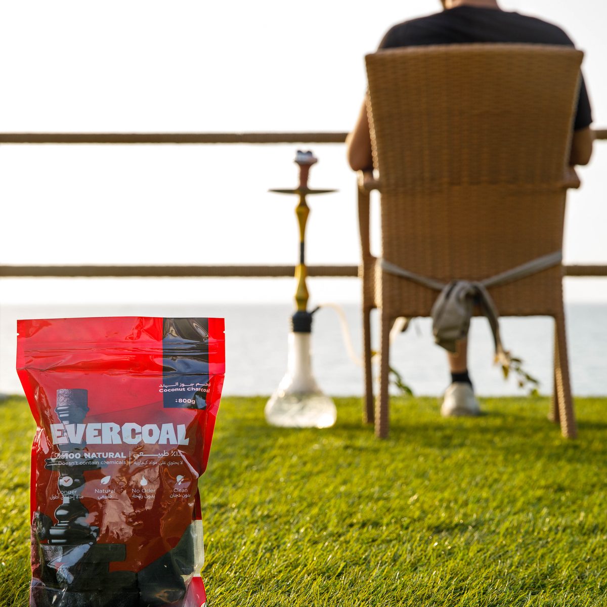 Evercoal hookah charcoal فحم الأركيلة in use outdoors
