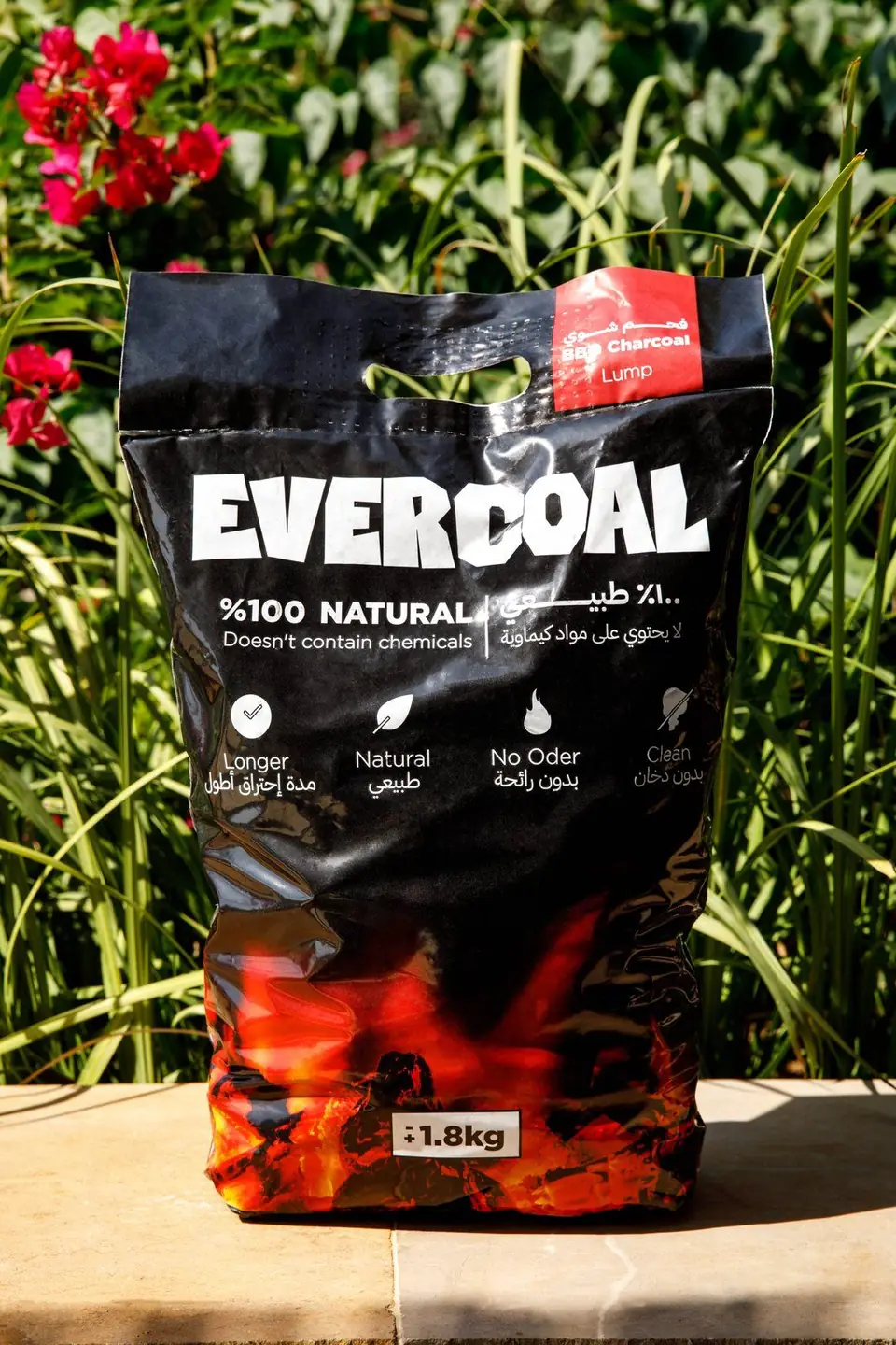 Evercoal BBQ charcoal bag in a garden