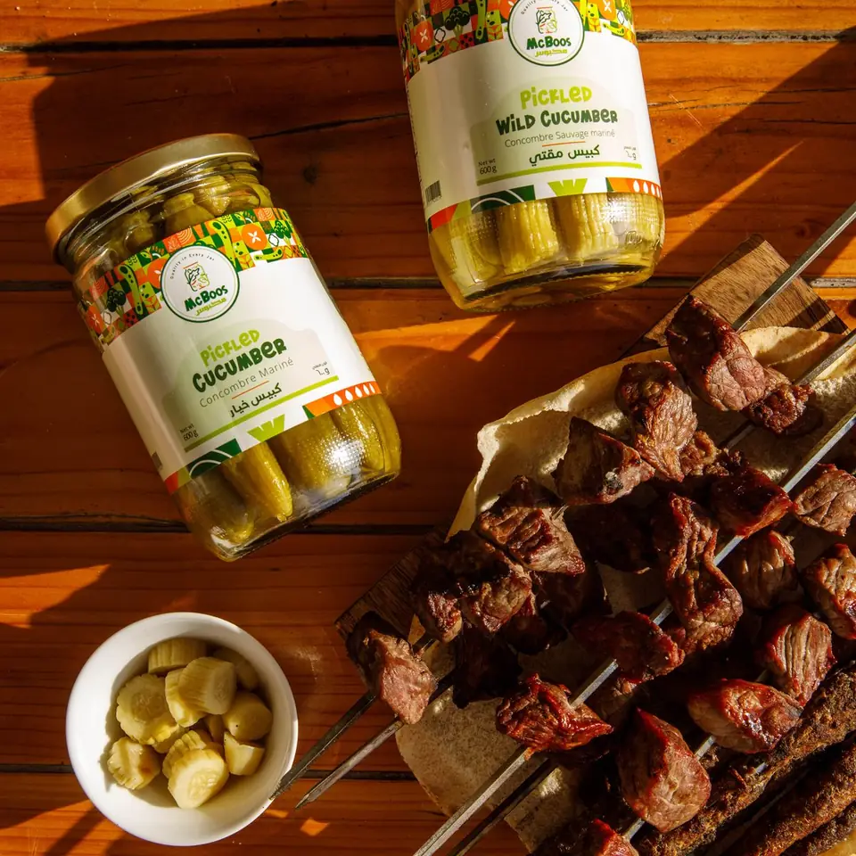 McBoos pickles with grilled skewers