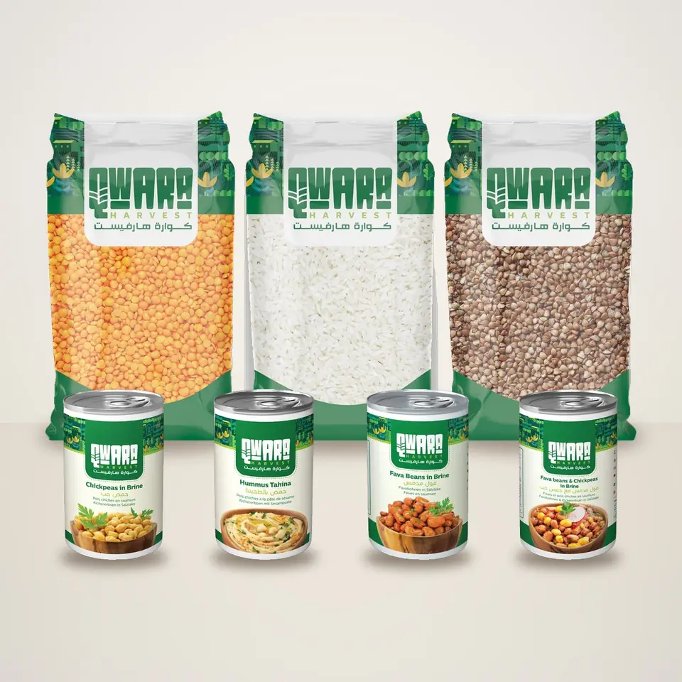 Qwara Harvest rice, lentil and grain bags with canned hummus, chickpeas and foul
