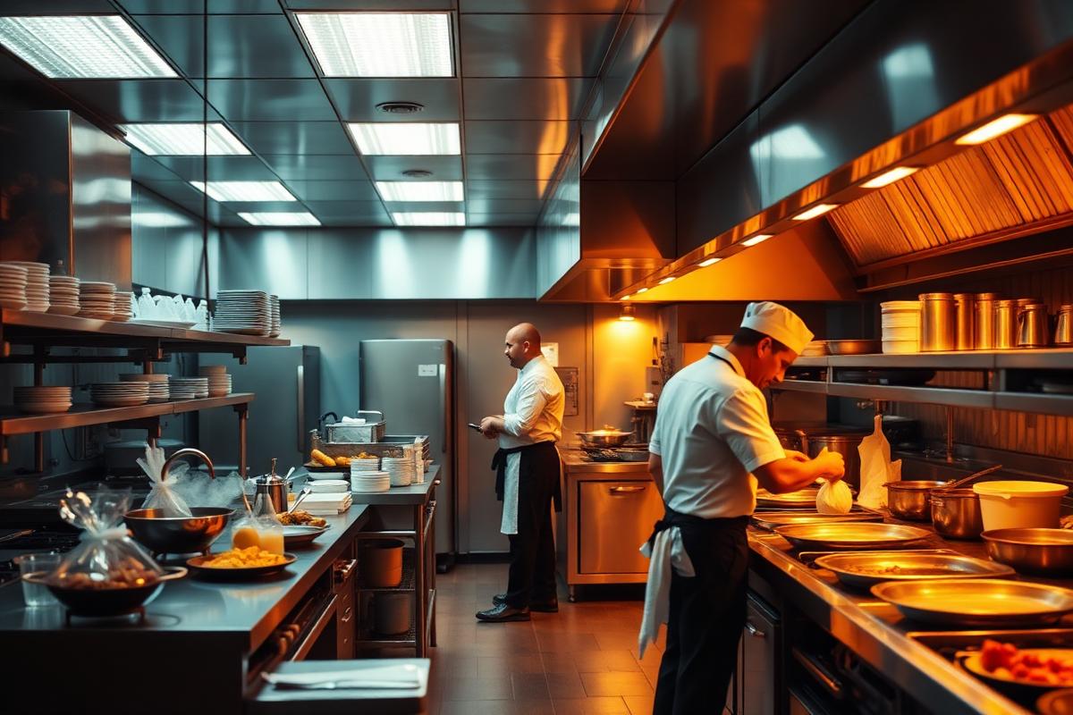 Professional restaurant kitchen with chefs preparing food